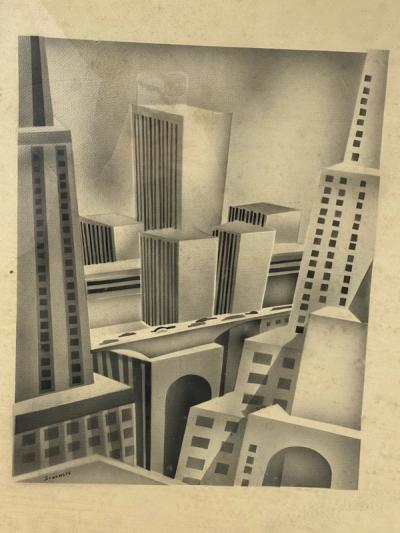 SIGNED ART DECO FUTURIST CITY BLACK AND WHITE WATERCOLOR