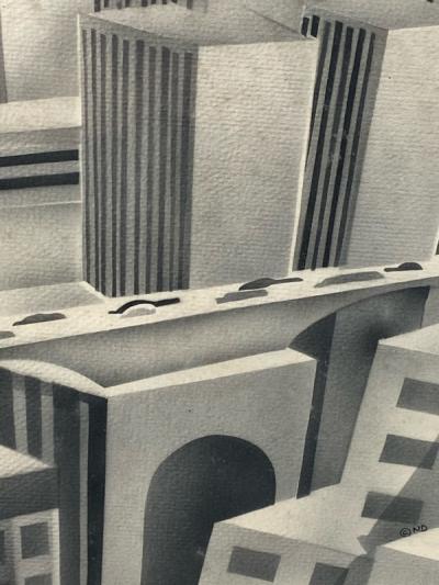 SIGNED ART DECO FUTURIST CITY BLACK AND WHITE WATERCOLOR