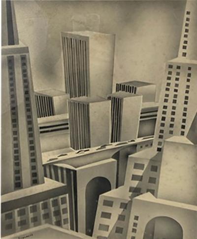 SIGNED ART DECO FUTURIST CITY BLACK AND WHITE WATERCOLOR