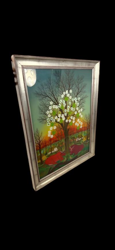 SIGNED BEAUTIFUL RED BULLS IN FLOWERING TREE LANDSCAPE REVERSE PAINTING ON GLASS