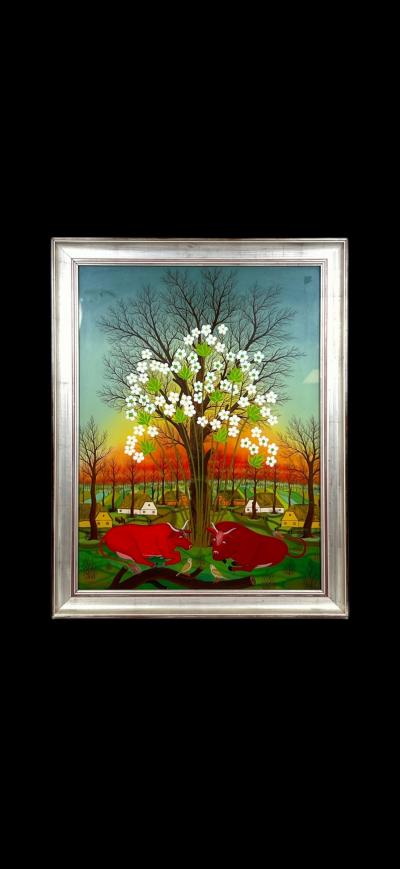SIGNED BEAUTIFUL RED BULLS IN FLOWERING TREE LANDSCAPE REVERSE PAINTING ON GLASS