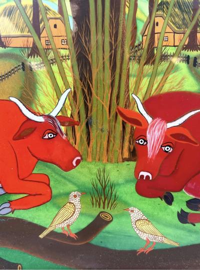 SIGNED BEAUTIFUL RED BULLS IN FLOWERING TREE LANDSCAPE REVERSE PAINTING ON GLASS