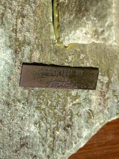 SIGNED BRUTALIST MIXED METALS WOMAN PLAYING GUITAR SCULPTURE