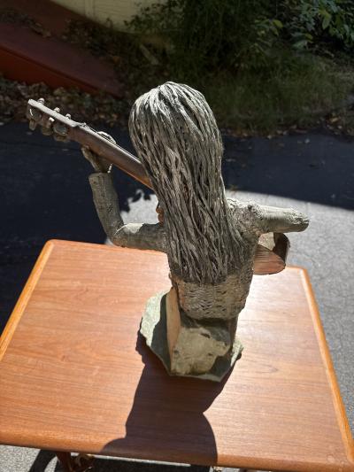 SIGNED BRUTALIST MIXED METALS WOMAN PLAYING GUITAR SCULPTURE