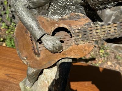 SIGNED BRUTALIST MIXED METALS WOMAN PLAYING GUITAR SCULPTURE