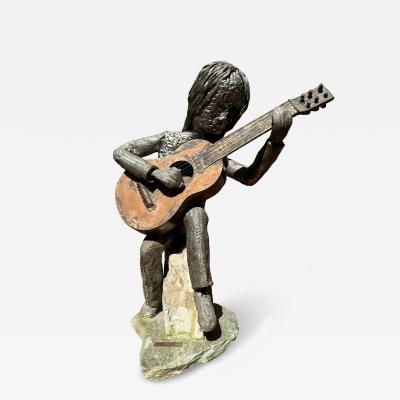 SIGNED BRUTALIST MIXED METALS WOMAN PLAYING GUITAR SCULPTURE
