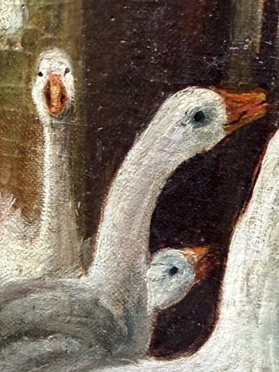SIGNED CHARMING 19TH CENTURY CHILDREN FEEDING GEESE OIL PAINTING ORIGINAL FRAME