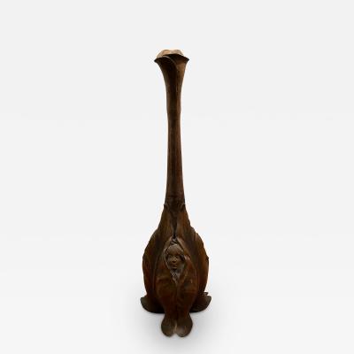 SIGNED FRENCH ART NOUVEAU SCULPTED FLORAL FORM BRONZE LEAF AND FACE VASE