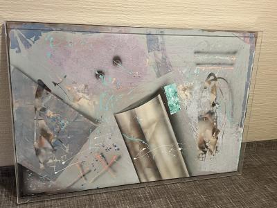 SIGNED LARGE LUCITE CASED POST MODERN ABSTRACT PAINTING ON CANVAS