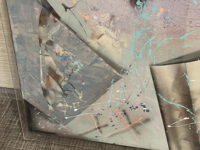 SIGNED LARGE LUCITE CASED POST MODERN ABSTRACT PAINTING ON CANVAS