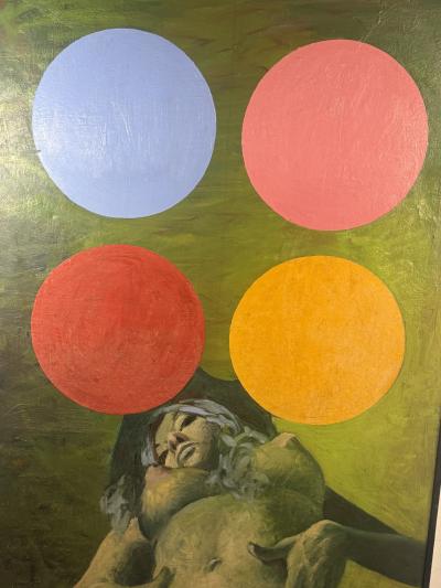 SIGNED MODERN NUDE PAINTING WITH FOUR COLORED SPHERES