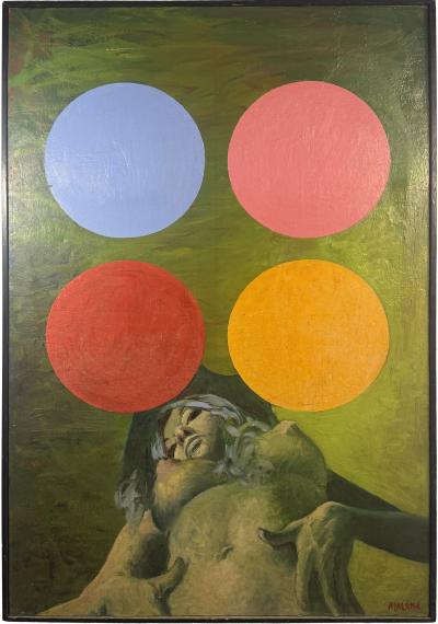 SIGNED MODERN NUDE PAINTING WITH FOUR COLORED SPHERES