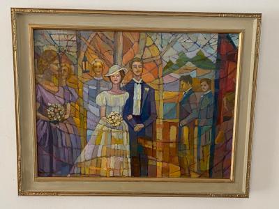 SIGNED MODERN STAINED GLASS STYLE WEDDING PAINTING