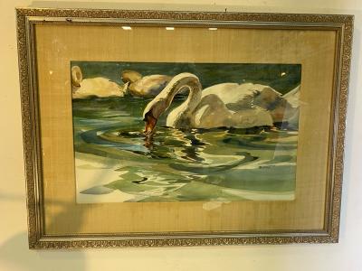 SIGNED MODERN SWANS WATERCOLOR