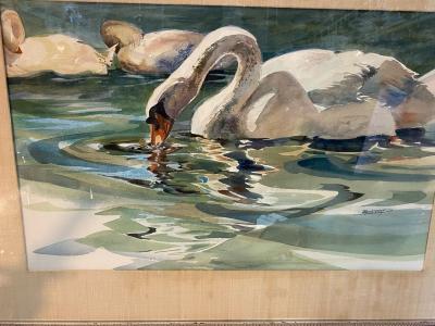 SIGNED MODERN SWANS WATERCOLOR