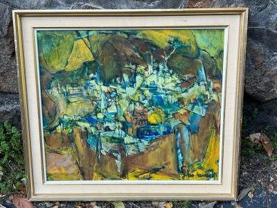 SIGNED MODERNIST ABSTRACT MOUNTAIN VILLAGE PAINTING