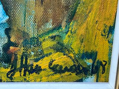 SIGNED MODERNIST ABSTRACT MOUNTAIN VILLAGE PAINTING