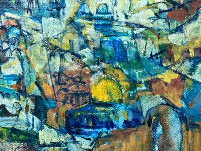 SIGNED MODERNIST ABSTRACT MOUNTAIN VILLAGE PAINTING
