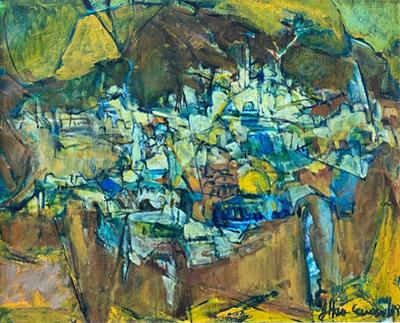 SIGNED MODERNIST ABSTRACT MOUNTAIN VILLAGE PAINTING