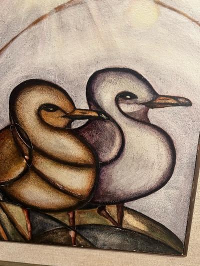 SIGNED MODERNIST SEAGULL PAINTING WITH POEM EN VERSO