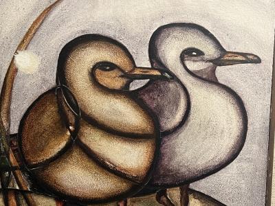 SIGNED MODERNIST SEAGULL PAINTING WITH POEM EN VERSO