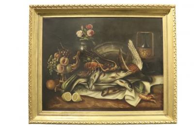 SIGNED OLD MASTER STILL LIFE OF LOBSTER FISH PHEASANT FRUIT PAINTING