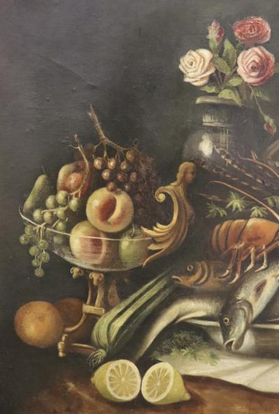SIGNED OLD MASTER STILL LIFE OF LOBSTER FISH PHEASANT FRUIT PAINTING