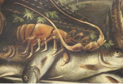 SIGNED OLD MASTER STILL LIFE OF LOBSTER FISH PHEASANT FRUIT PAINTING
