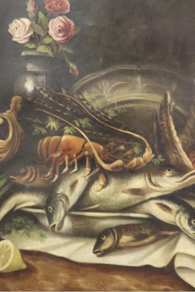 SIGNED OLD MASTER STILL LIFE OF LOBSTER FISH PHEASANT FRUIT PAINTING