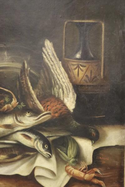 SIGNED OLD MASTER STILL LIFE OF LOBSTER FISH PHEASANT FRUIT PAINTING