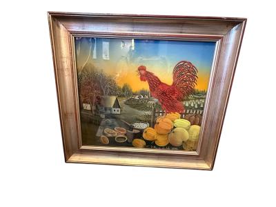 SIGNED RED ROOSTER WITH PUMPKINS FARMLAND FRAMED GLASS REVERSED PAINTING