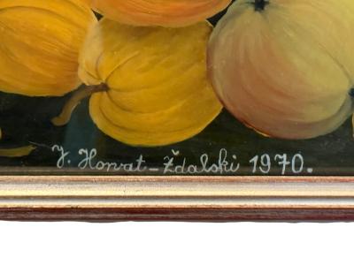 SIGNED RED ROOSTER WITH PUMPKINS FARMLAND FRAMED GLASS REVERSED PAINTING