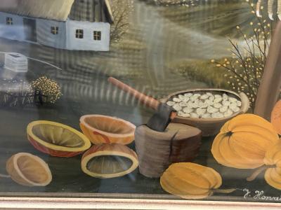 SIGNED RED ROOSTER WITH PUMPKINS FARMLAND FRAMED GLASS REVERSED PAINTING