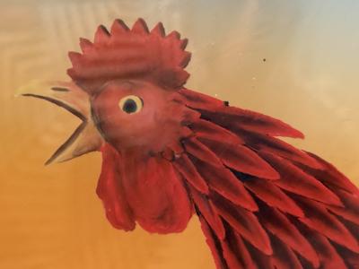 SIGNED RED ROOSTER WITH PUMPKINS FARMLAND FRAMED GLASS REVERSED PAINTING