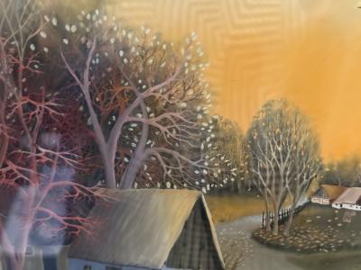 SIGNED RED ROOSTER WITH PUMPKINS FARMLAND FRAMED GLASS REVERSED PAINTING