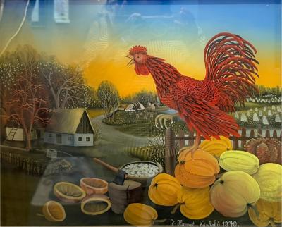SIGNED RED ROOSTER WITH PUMPKINS FARMLAND FRAMED GLASS REVERSED PAINTING