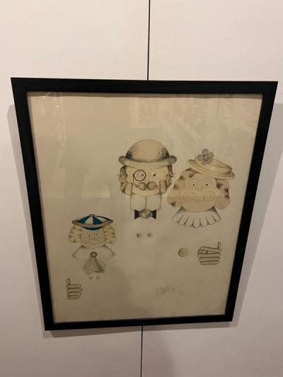 SIGNED RISQUE PEN AND INK DRAWING OF OLD WORLD FAMILY