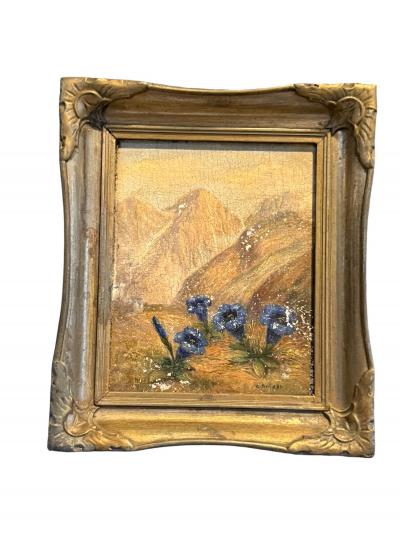 SIGNED SMALL MOUNTAIN LANDSCAPE WITH BLUE WILDFLOWERS OIL PAINTING
