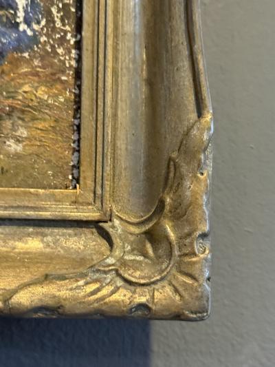 SIGNED SMALL MOUNTAIN LANDSCAPE WITH BLUE WILDFLOWERS OIL PAINTING