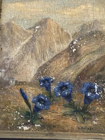 SIGNED SMALL MOUNTAIN LANDSCAPE WITH BLUE WILDFLOWERS OIL PAINTING