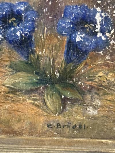 SIGNED SMALL MOUNTAIN LANDSCAPE WITH BLUE WILDFLOWERS OIL PAINTING