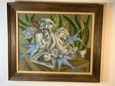 SIGNED SURREALIST GARGOYLES AND BLUEBIRDS PAINTING