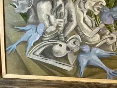 SIGNED SURREALIST GARGOYLES AND BLUEBIRDS PAINTING