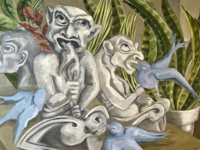 SIGNED SURREALIST GARGOYLES AND BLUEBIRDS PAINTING