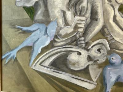 SIGNED SURREALIST GARGOYLES AND BLUEBIRDS PAINTING