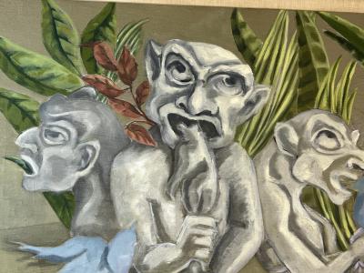 SIGNED SURREALIST GARGOYLES AND BLUEBIRDS PAINTING