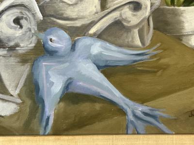 SIGNED SURREALIST GARGOYLES AND BLUEBIRDS PAINTING
