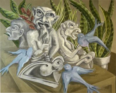 SIGNED SURREALIST GARGOYLES AND BLUEBIRDS PAINTING