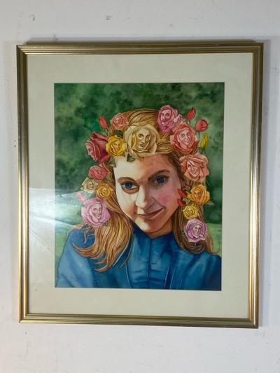 SIGNED SURREALIST ROSE WOMAN PORTRAIT WATERCOLOR