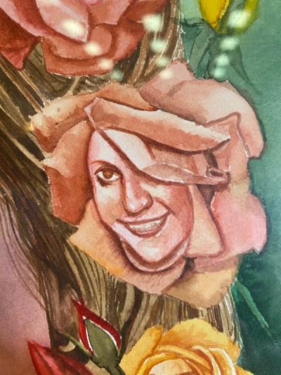 SIGNED SURREALIST ROSE WOMAN PORTRAIT WATERCOLOR